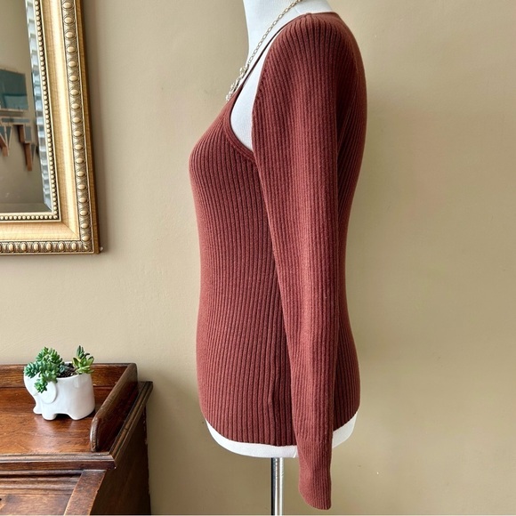 by Anthropologie Brown Ribbed Double Cut Out Knit Sweater Cinnamon Size M - Picture 6 of 15